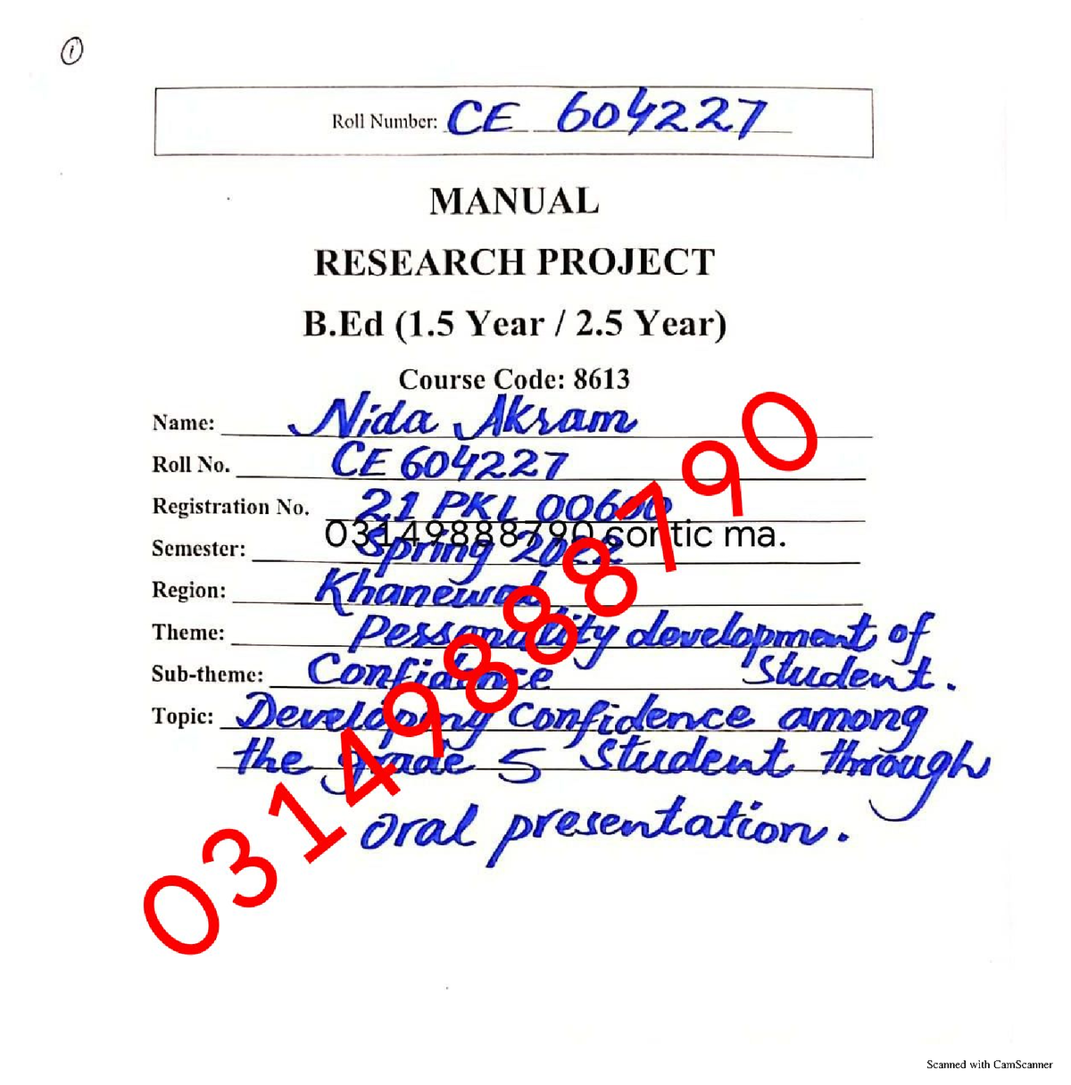 8613 Handwritin Sample - Roll Number: CE 604227 MANUAL RESEARCH PROJECT ...