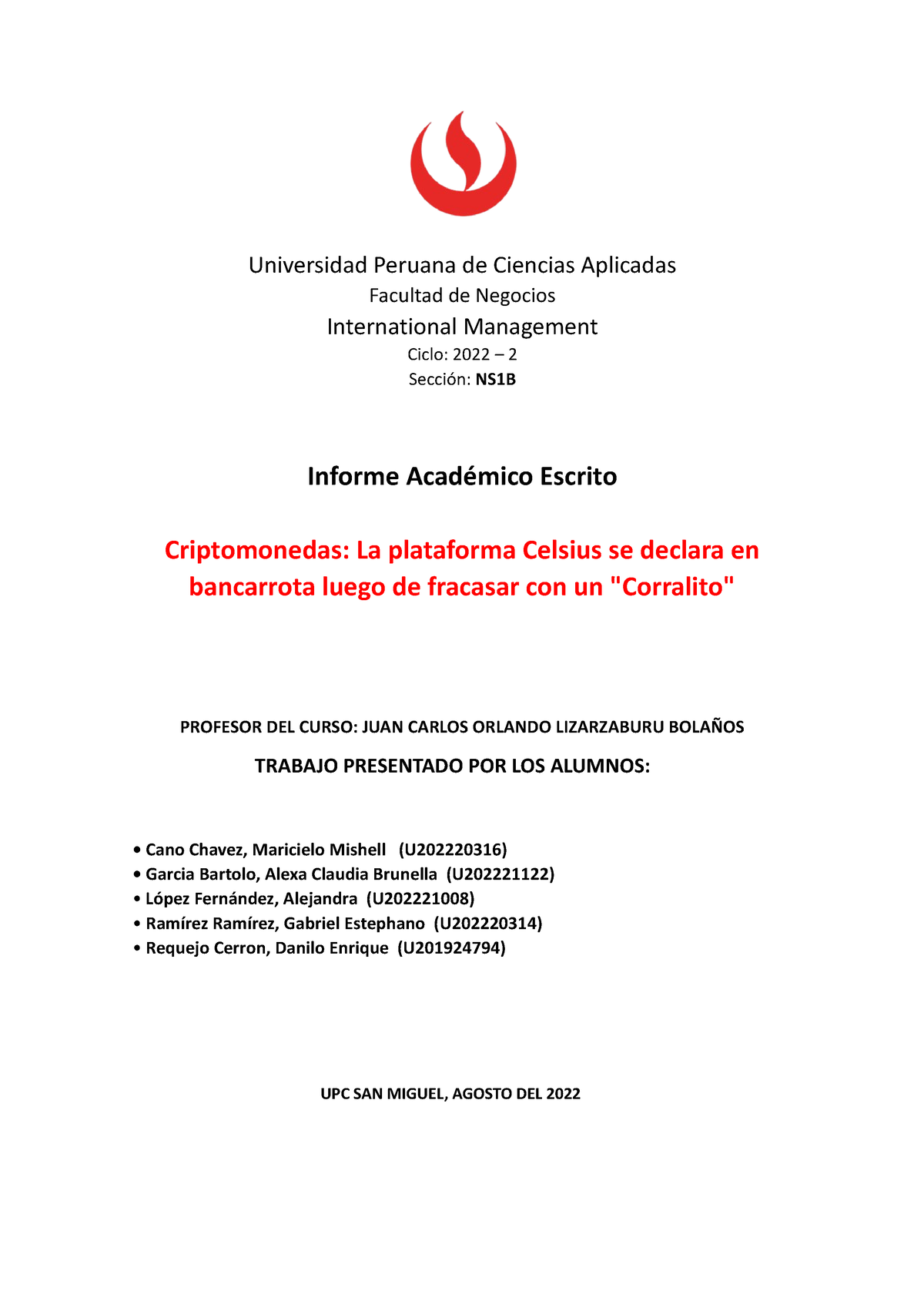 Informe Escrito - Universidad Peruana De Ciencias Aplicadas Facultad De ...