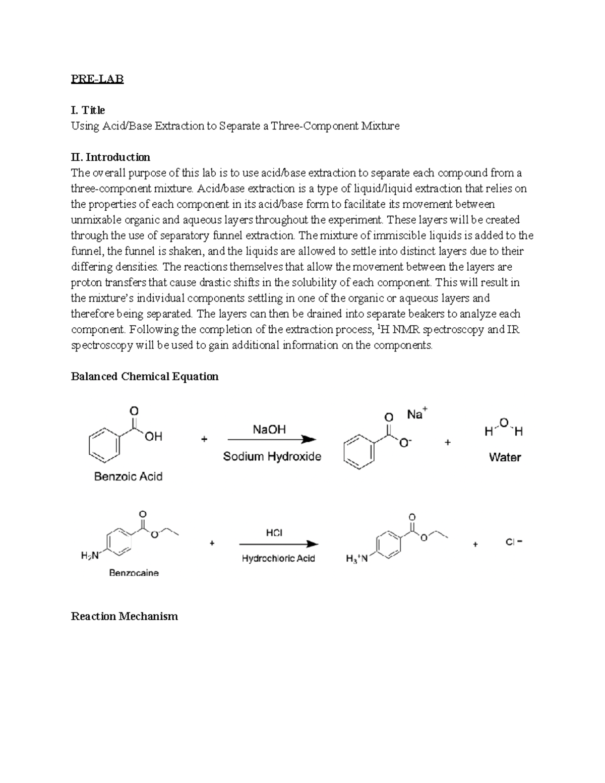 Chem 2211 Lab 6 Lab 6 Pre Lab I Title Using Acid Base Extraction