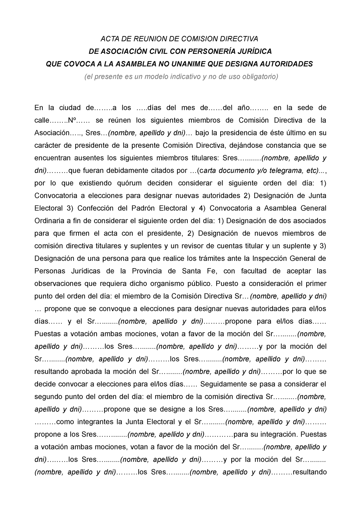 Modelo Acta Que Convoca A Asamblea Para Designar Autoridades Asociación Civil Acta De 4802