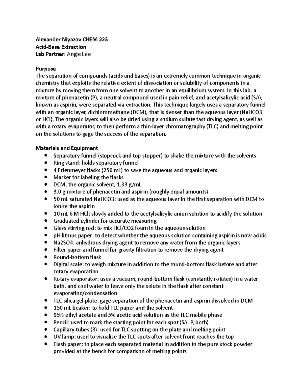 AcidBase Extraction Lab Report Alexander Niyazov CHEM 223 AcidBase