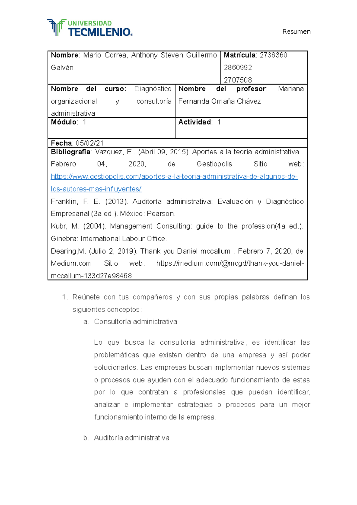 Actividad 1 Diagnostico Organizacional Y Consultoría Administrativa ...