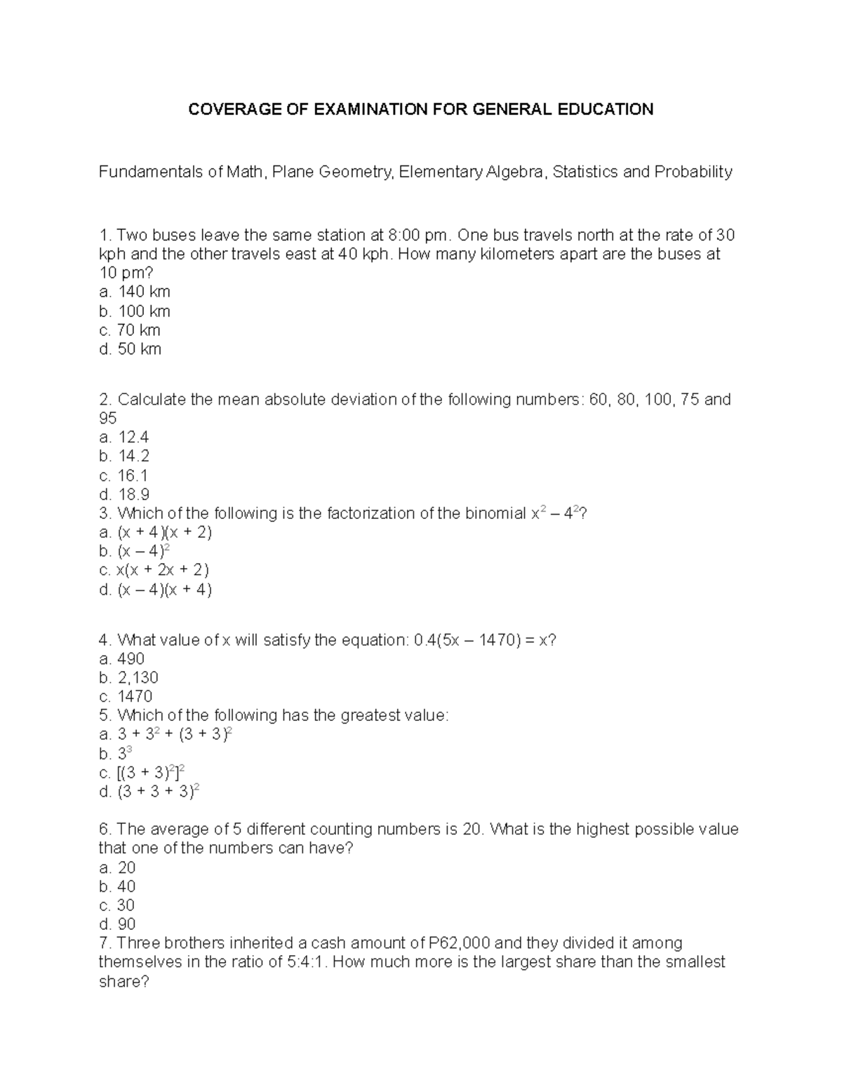 LET EXAM TEST let exam practice for gened math COVERAGE OF