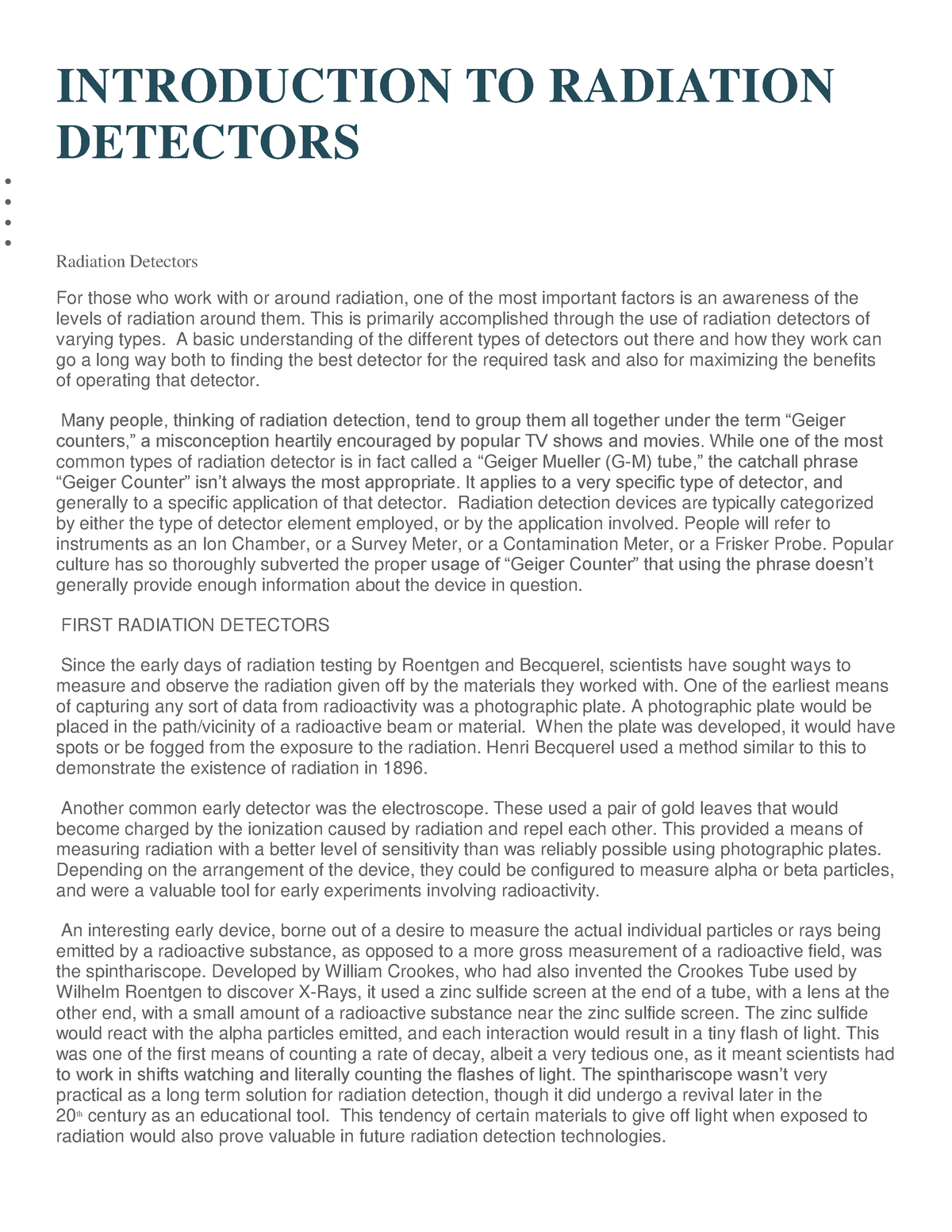 Radiation Detectors - INTRODUCTION TO RADIATION DETECTORS Radiation ...