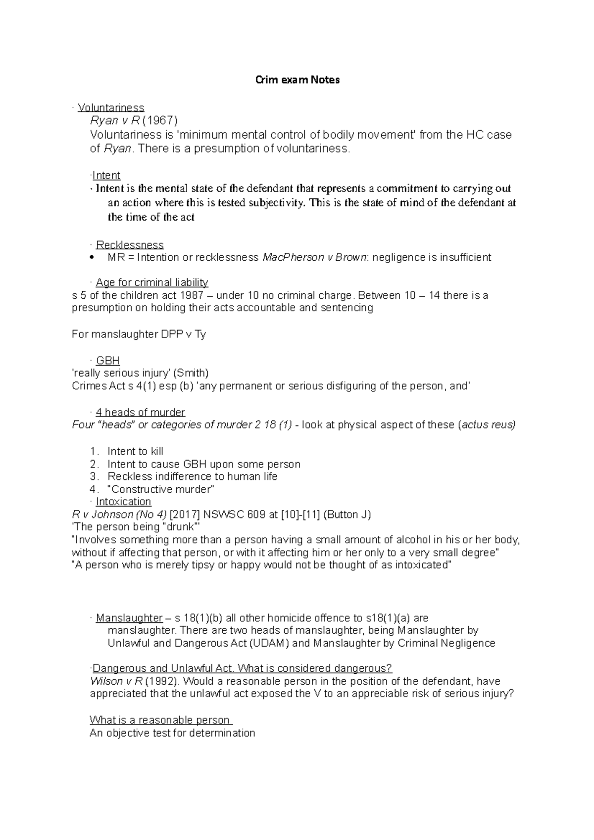 Crim Exam Definitions Notes Notes Crim Exam Notes Voluntariness Ryan V R 1967 Studocu