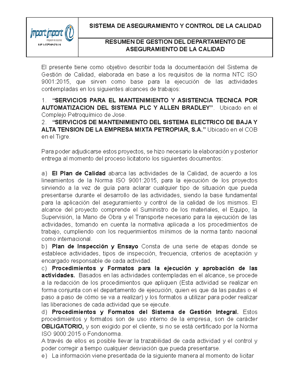 Presentacion informacion - SISTEMA DE ASEGURAMIENTO Y CONTROL DE LA ...