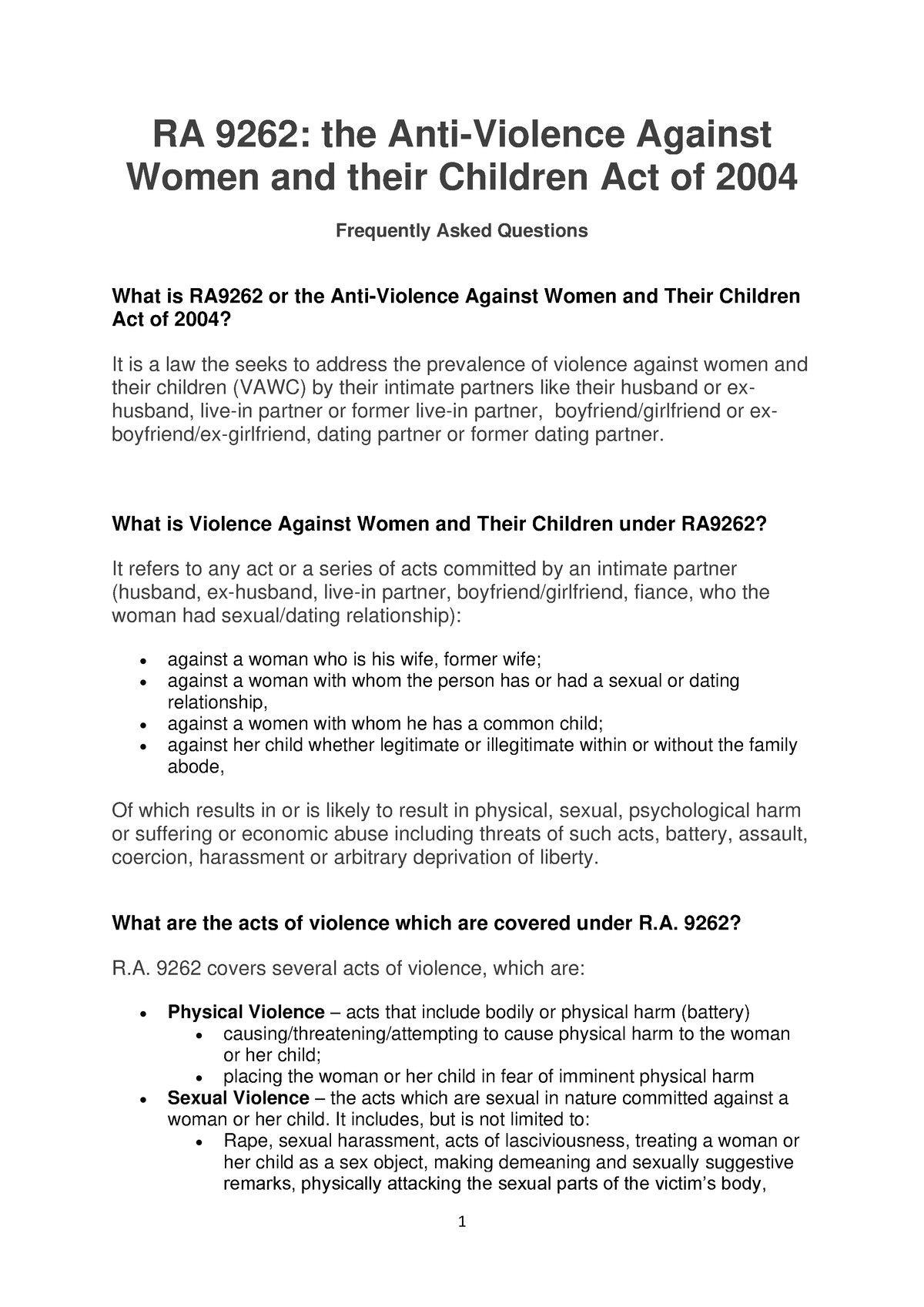 RA 9262 VAWC LAW - R.A. No. 9262 Violence Against Women and their ...