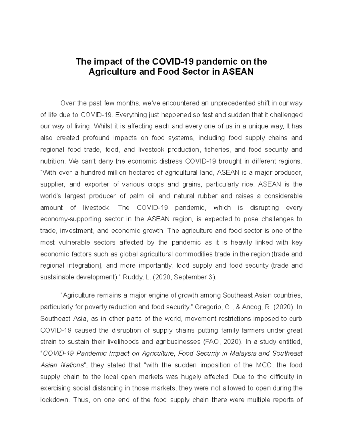The impact of the Covid-19 pandemic on the Agriculture and Food Sector ...