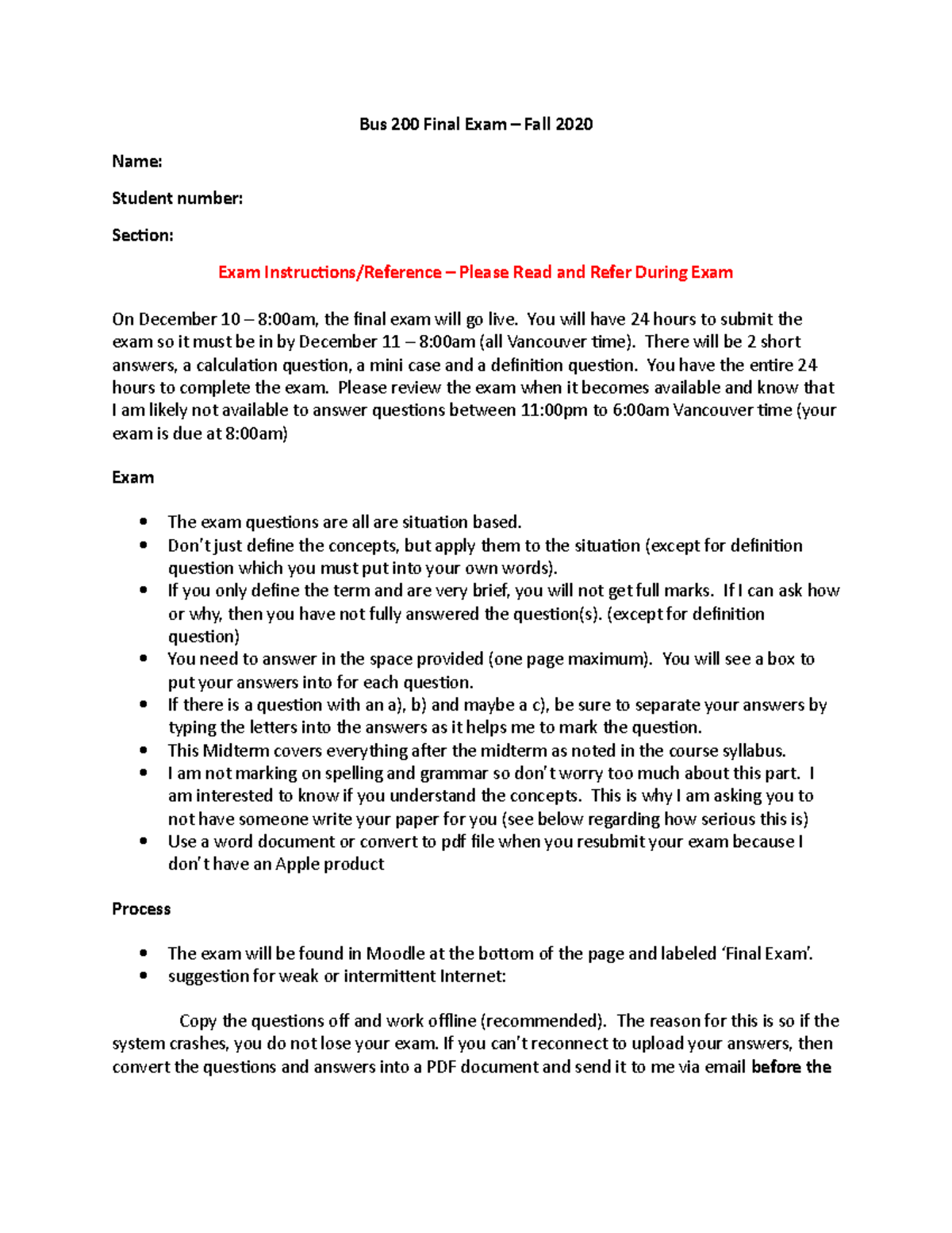 Answer to To Post Final Exam Fall 2020 - Bus 200 Final Exam – Fall 2020 ...