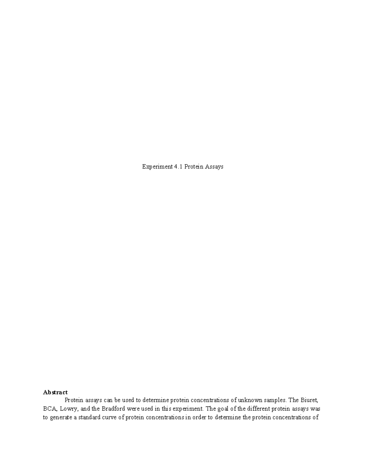 Chem 436 Exp 4.1 Lab Report - Experiment 4 Protein Assays Abstract ...