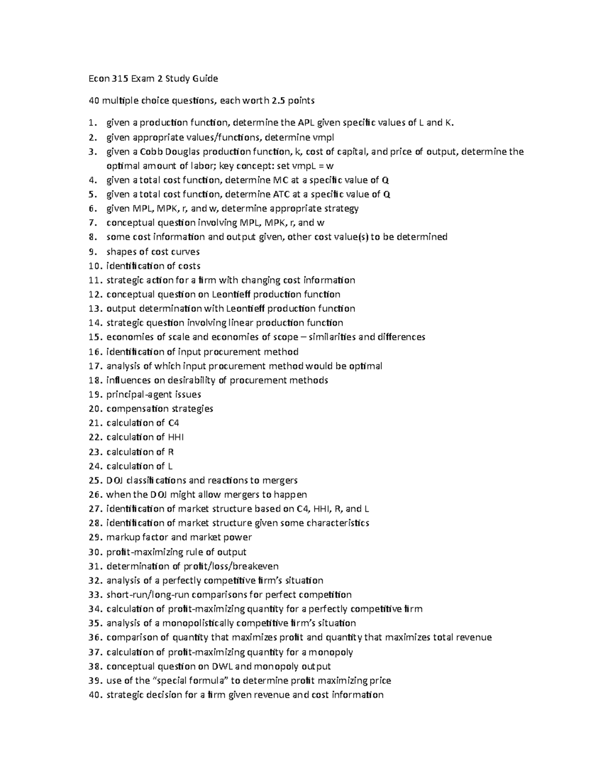 Exam2studyguide - This is the study guide for exam 2 - Econ 315 Exam 2 ...