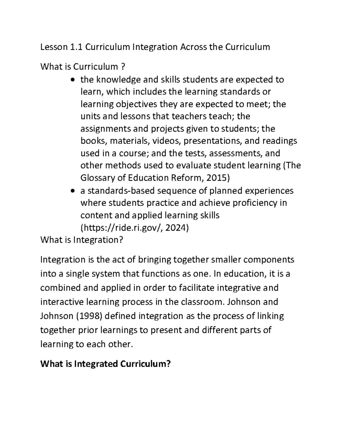 Lesson-1 - Reviewer and lecture notes - Lesson 1 Curriculum Integration ...