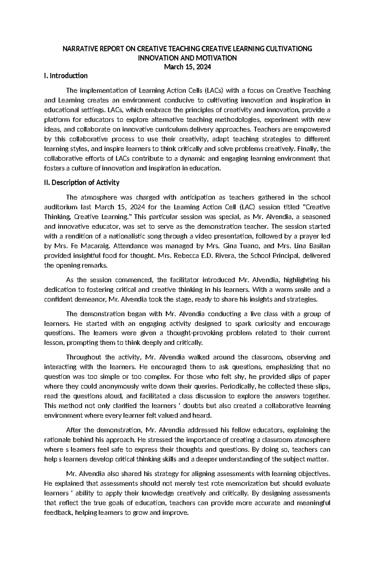 Narrative Report ON Creative Teaching Creative Learning Cultivationg ...