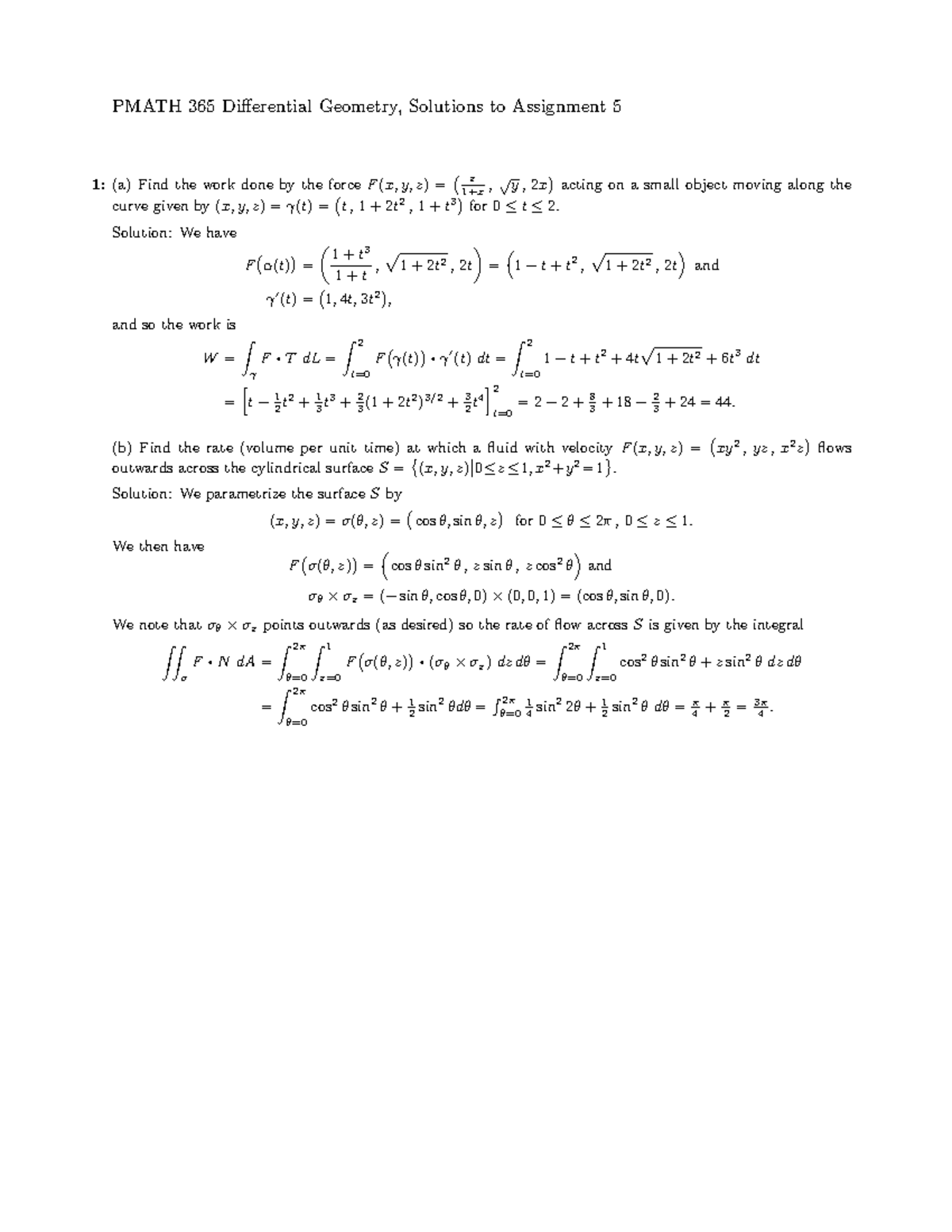 Assig 5soln PMATH 365 Differential Geometry, Solutions to Assignment