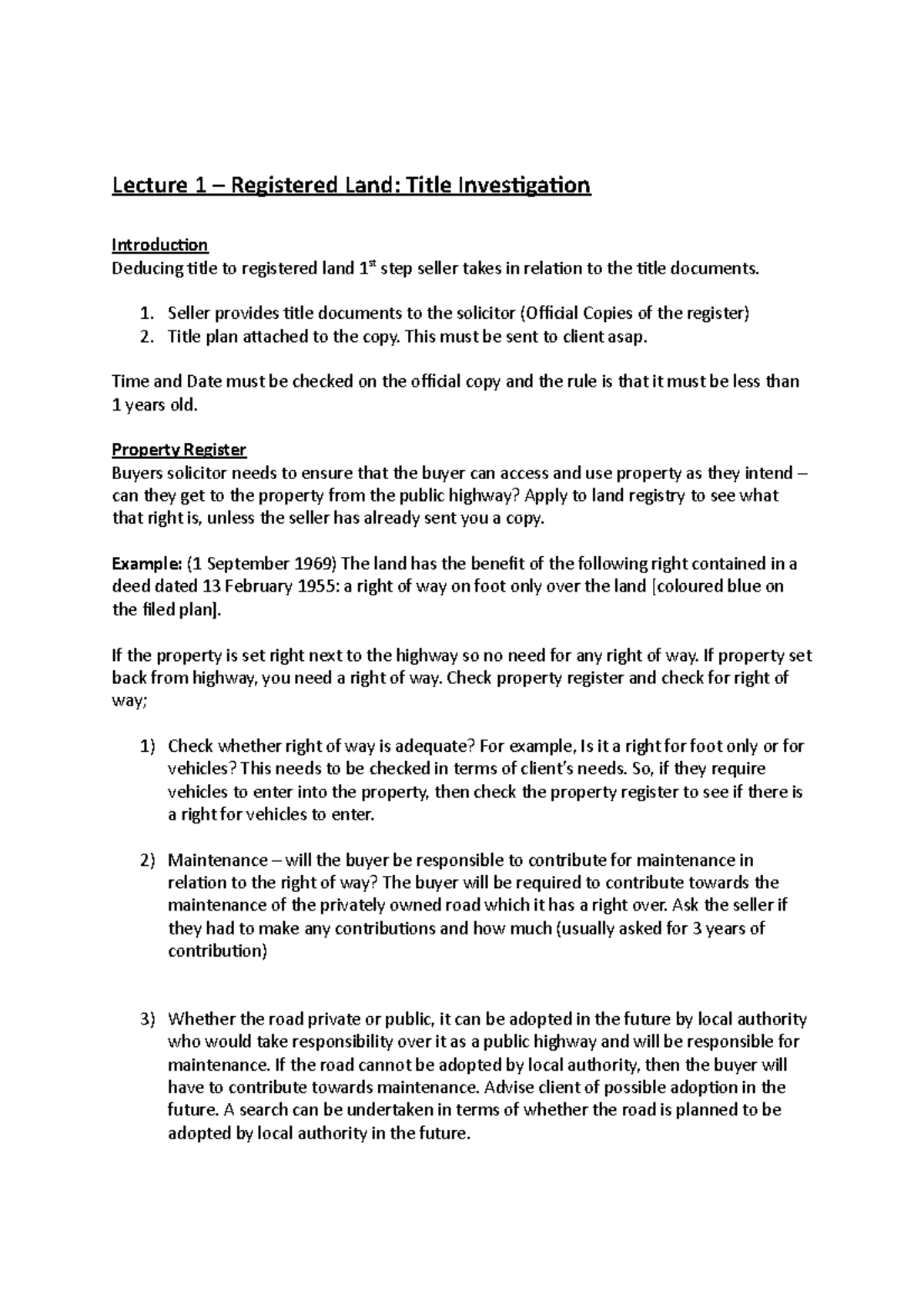 Property Law Summary Notes Lecture 1 Registered Land Title