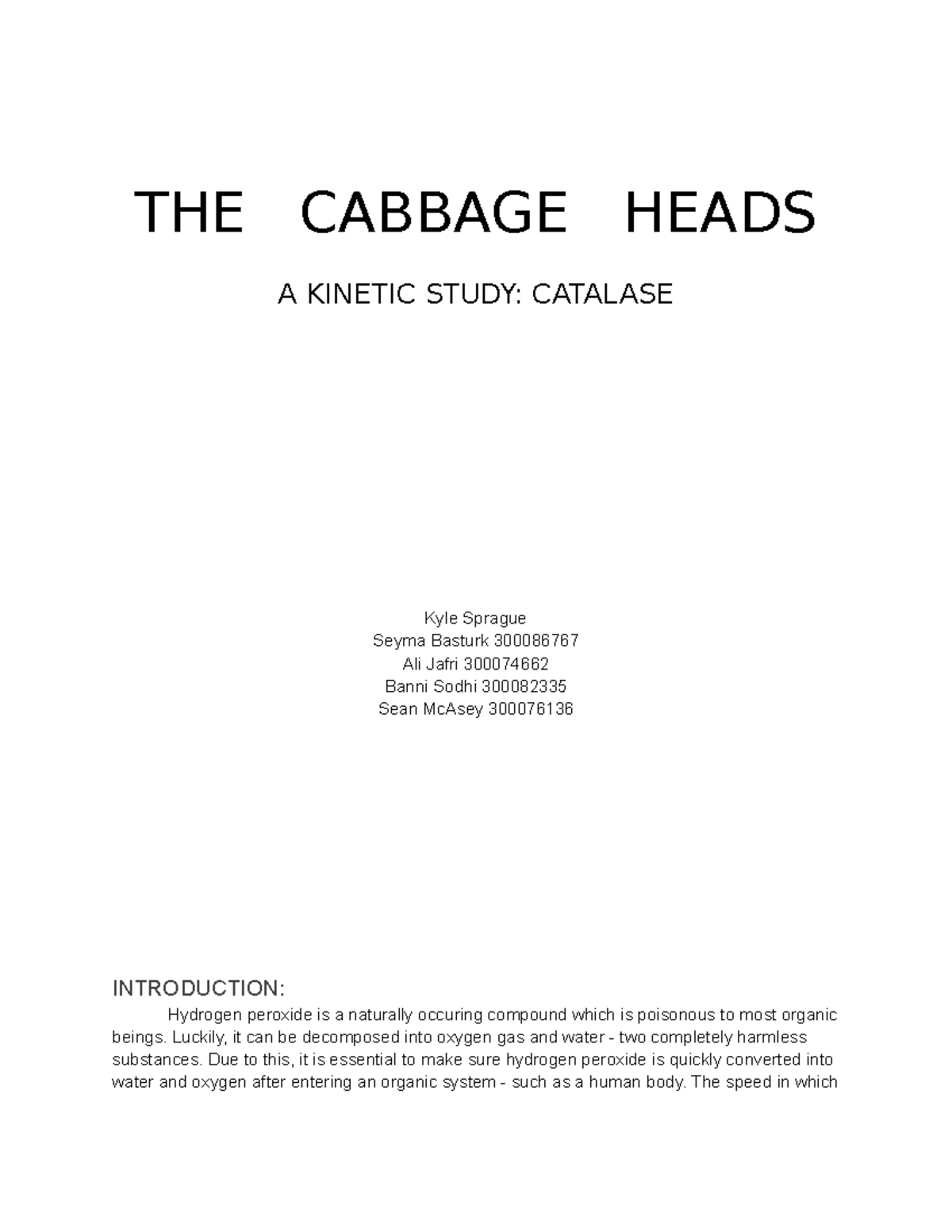 Experiment 5 A Study Catalase THE CABBAGE HEADS A