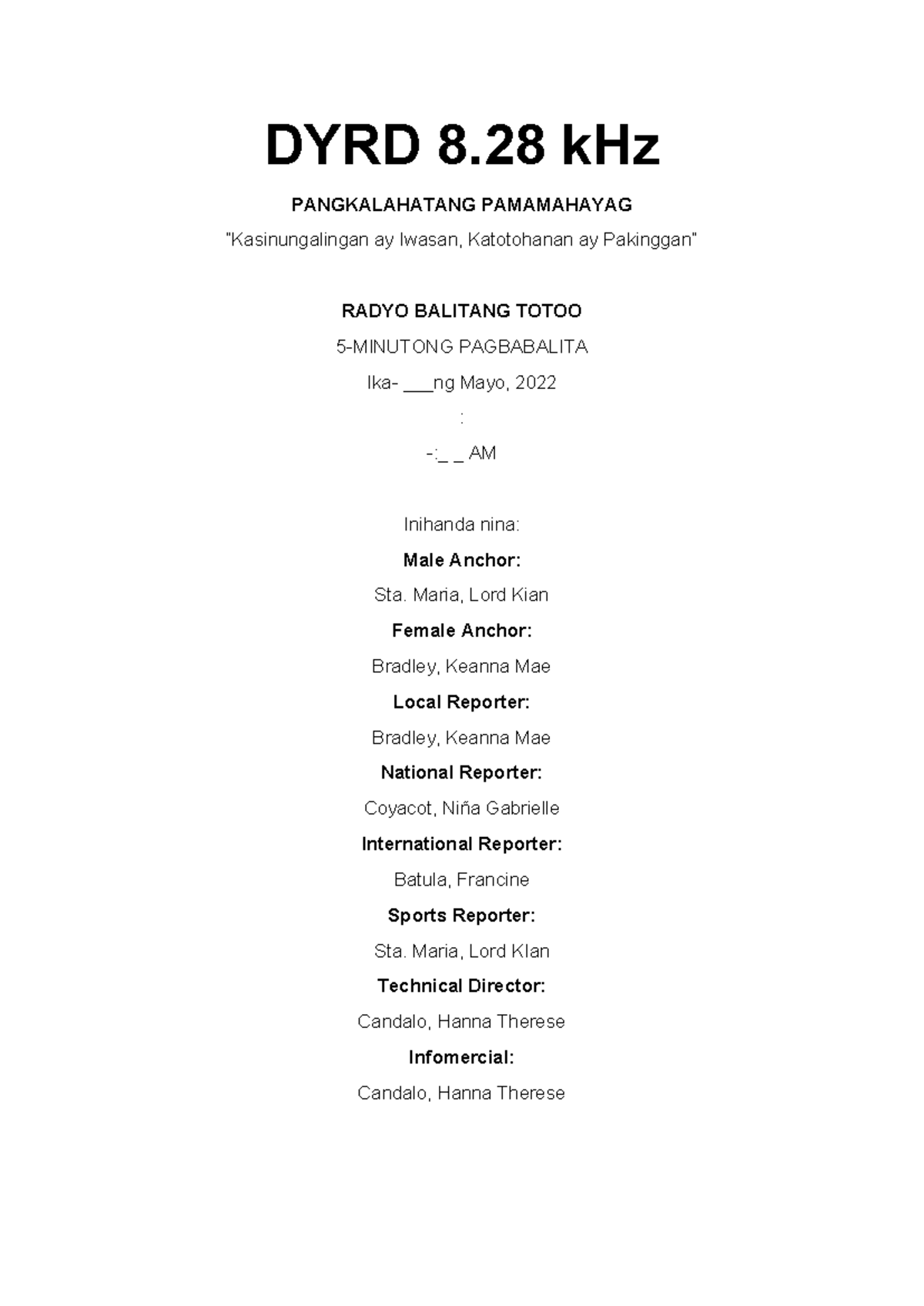 DYRD-8 - RADIO BORADCASTING SCRIPT - DYRD 8 kHz PANGKALAHATANG ...