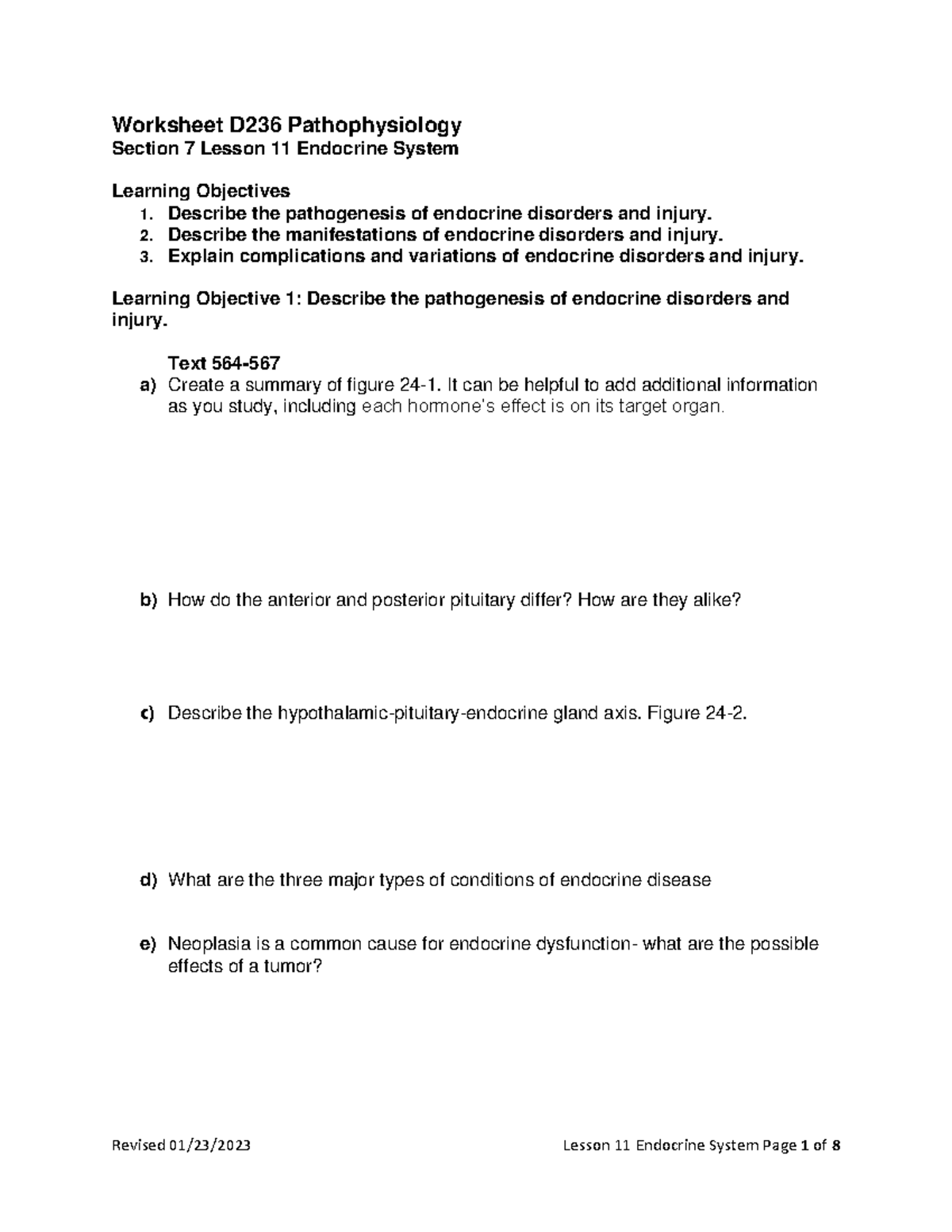 Lesson 11 Endocrine System - Worksheet D236 Pathophysiology Section 7 ...