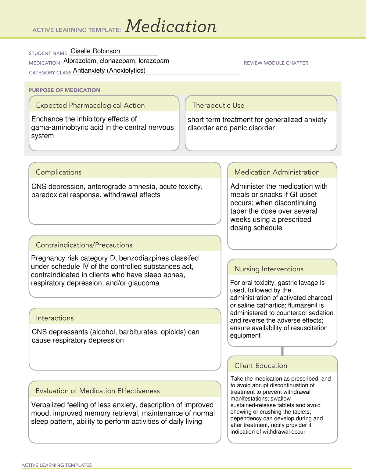 ATI Medication Template- Antianxiety medication - ACTIVE LEARNING ...