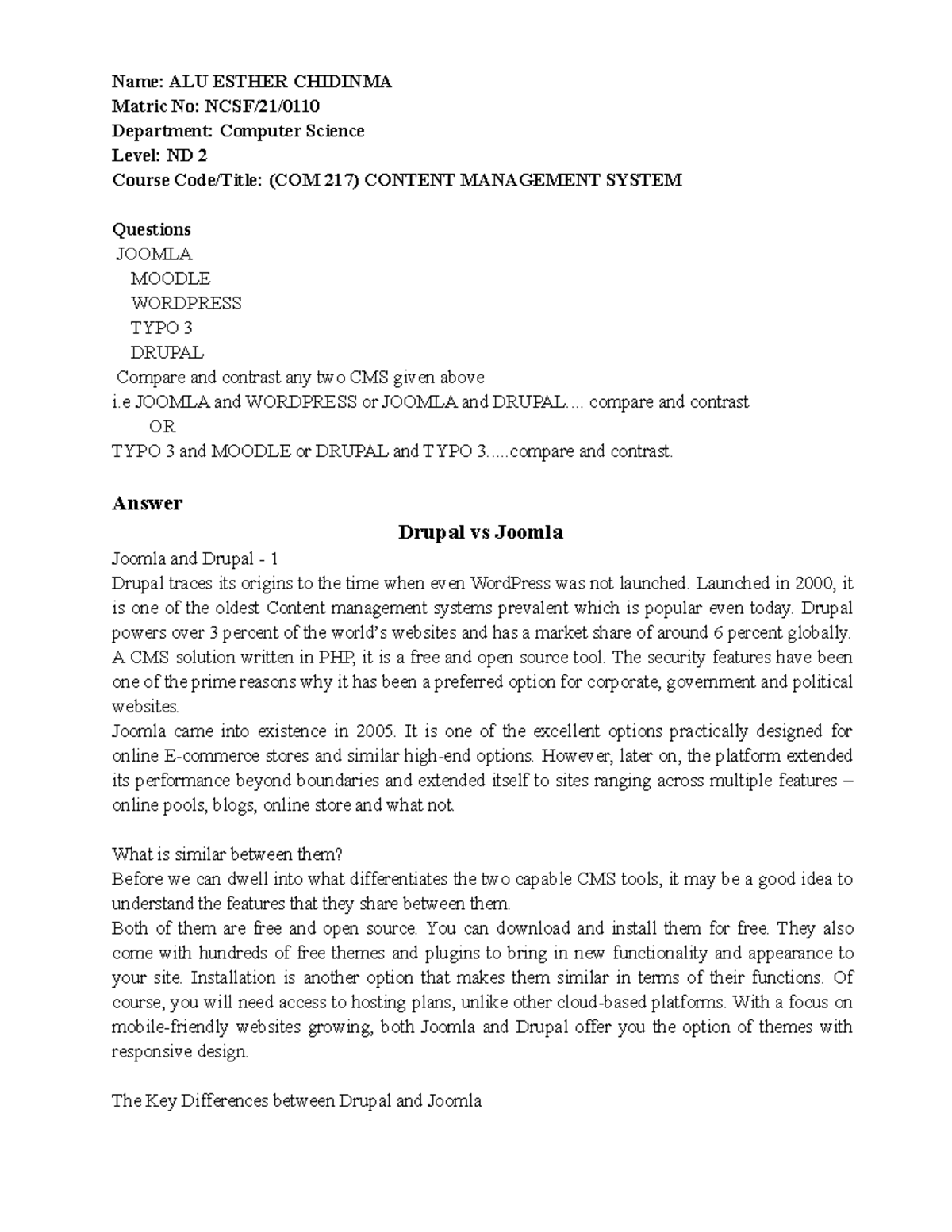 NEW - Assignment - Name: ALU ESTHER CHIDINMA Matric No: NCSF/21 ...