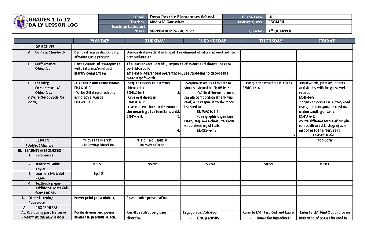 DLL English-4 Q1 W6 - educ - GRADES 1 to 12 DAILY LESSON LOG School ...