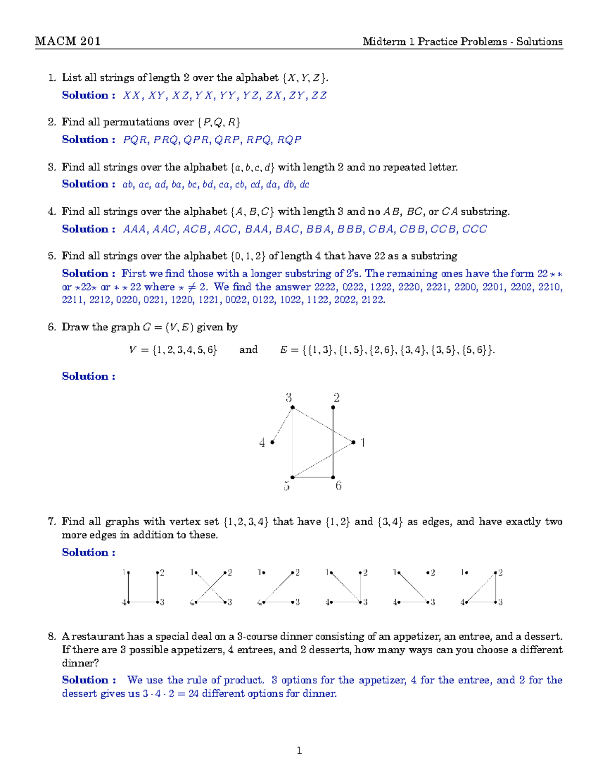 Review problems midterm 1- answer key - List all strings of length 2 ...