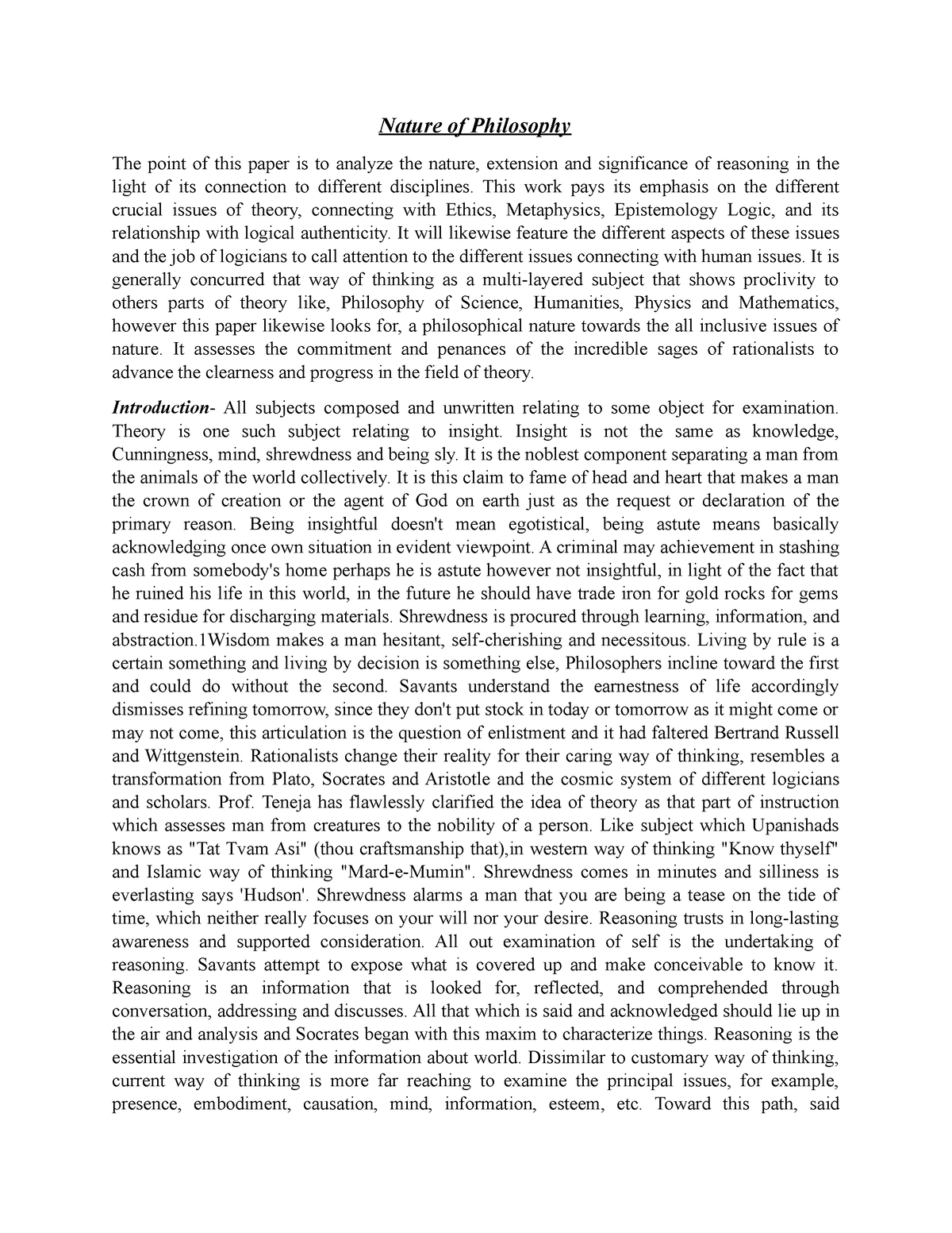 essay about nature of philosophy