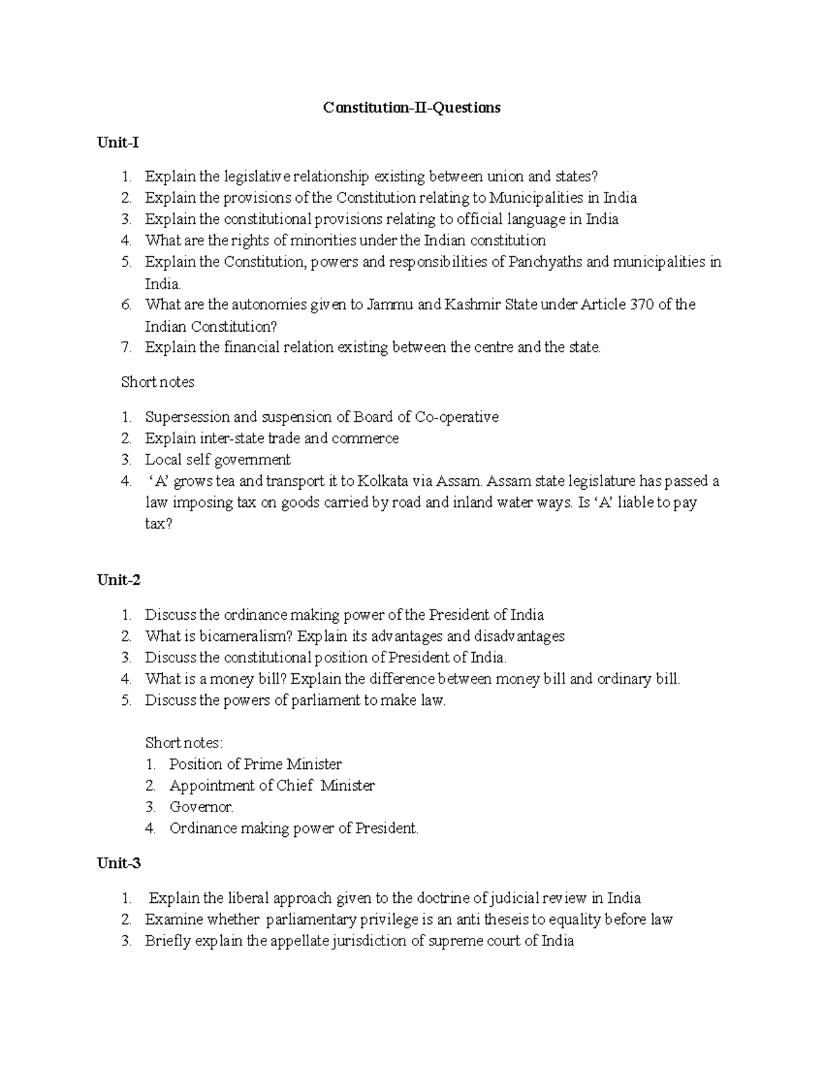 Const-2 - Lecture notes 1 - Constitution-II-Questions Unit-I Explain ...