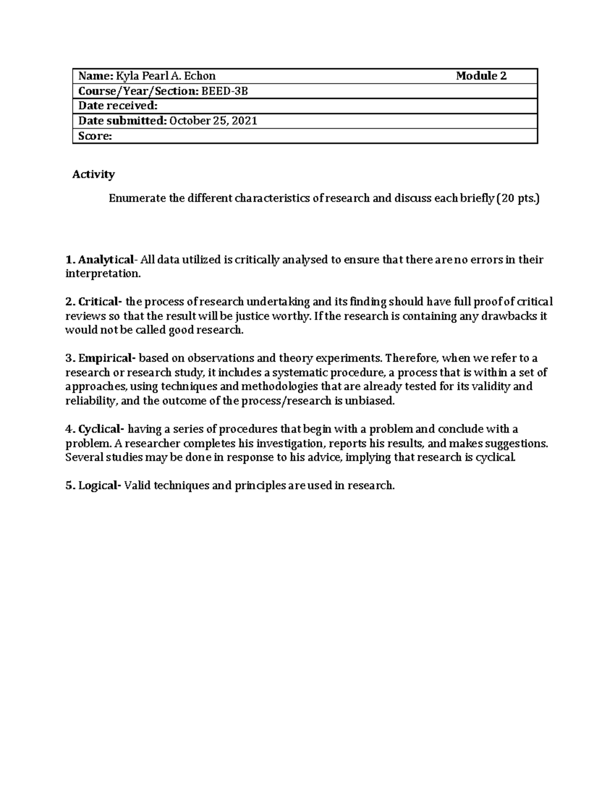 Activity (Module 2) - Name: Kyla Pearl A. Echon Module 2 Course/Year ...