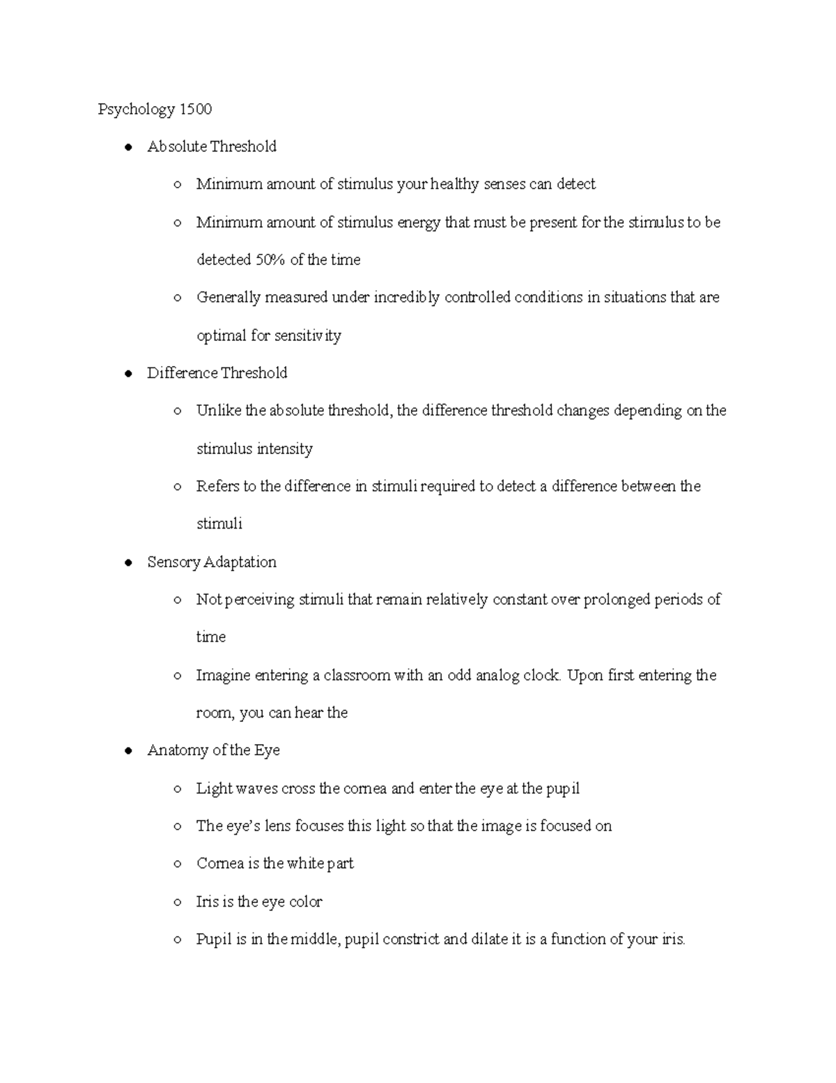 Psychology 1500 Absolute Threshold and Sensory Systems Studocu