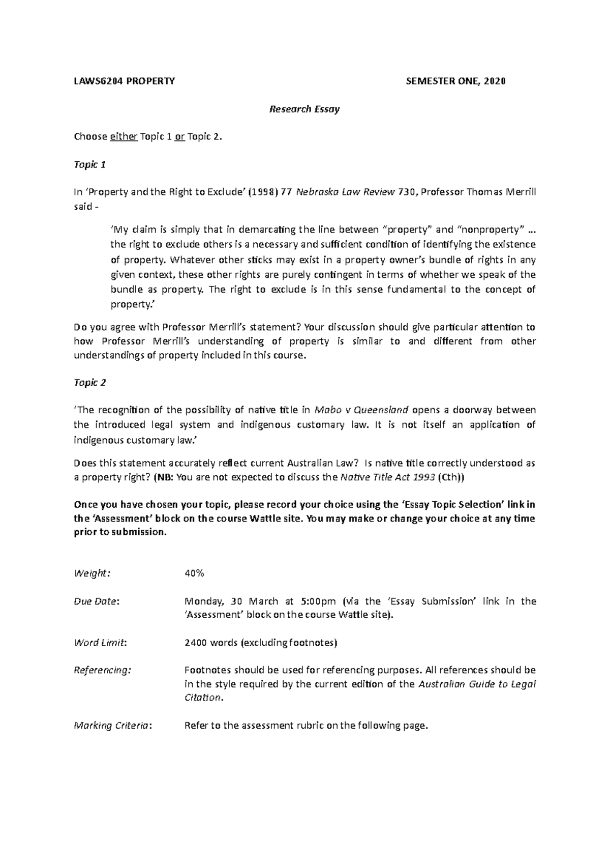 Semester One 2020 Property Law Exam (Question Only) LAWS2204 ANU