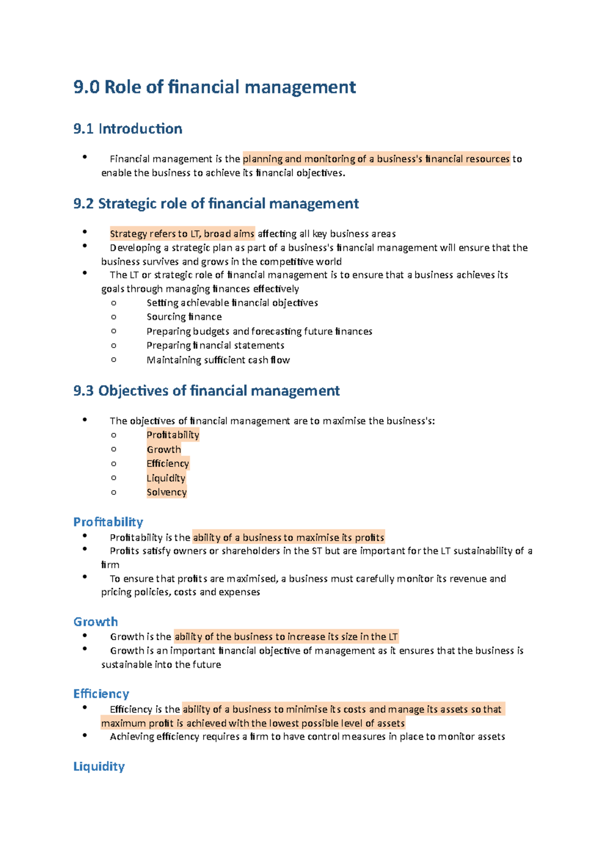 Topic 3 Business Notes - 9 Role of financial management 9 Introduction ...