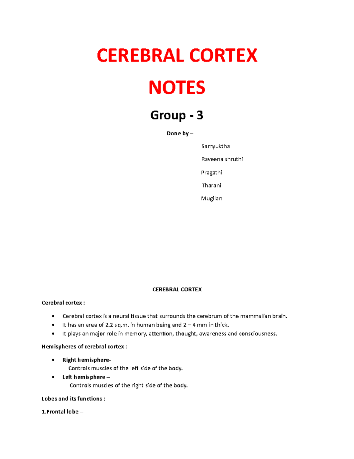 Cerebral cortex notes - CEREBRAL CORTEX NOTES Group - 3 Done by ...
