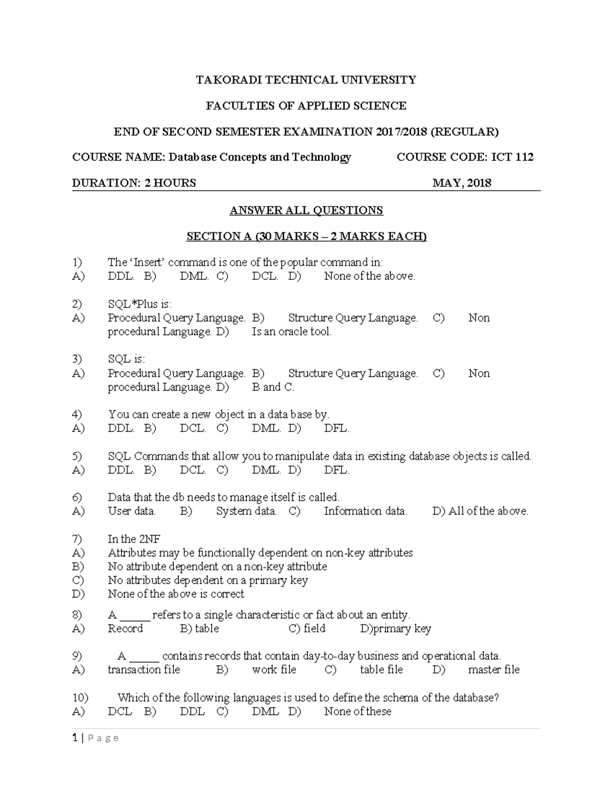 Database Concepts AND Technology PAST Question - TAKORADI TECHNICAL ...