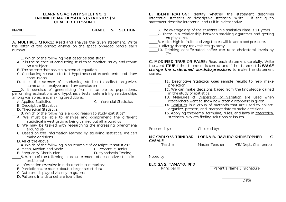 Learning Activity Sheet ( Statistics) - LEARNING ACTIVITY SHEET NO. 1 ...