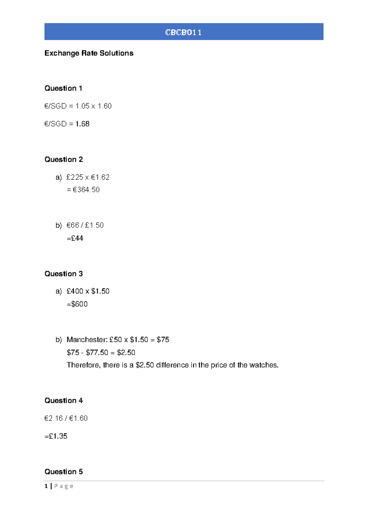 Exchange Rate Solutions - Exchange Rate Solutions Question €/SGD = 1 x ...