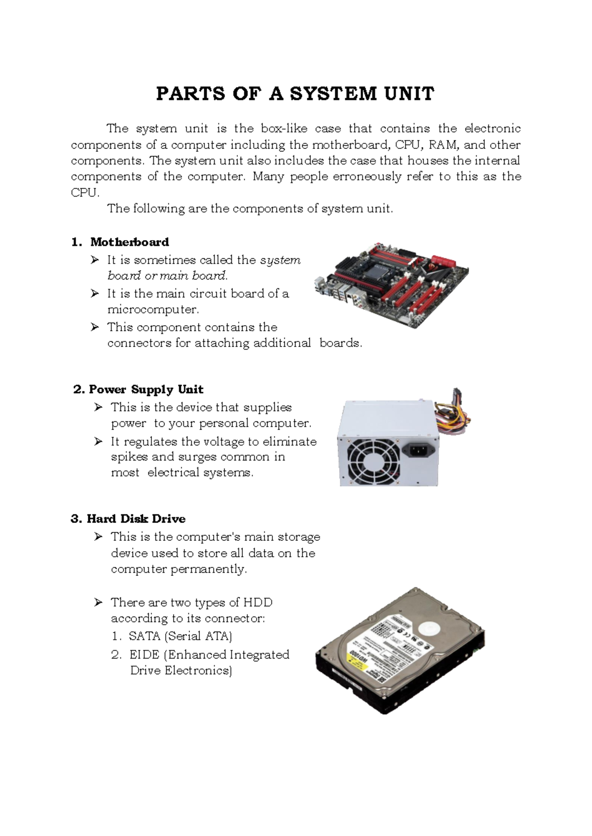 Parts of a system unit - PARTS OF A SYSTEM UNIT The system unit is the ...