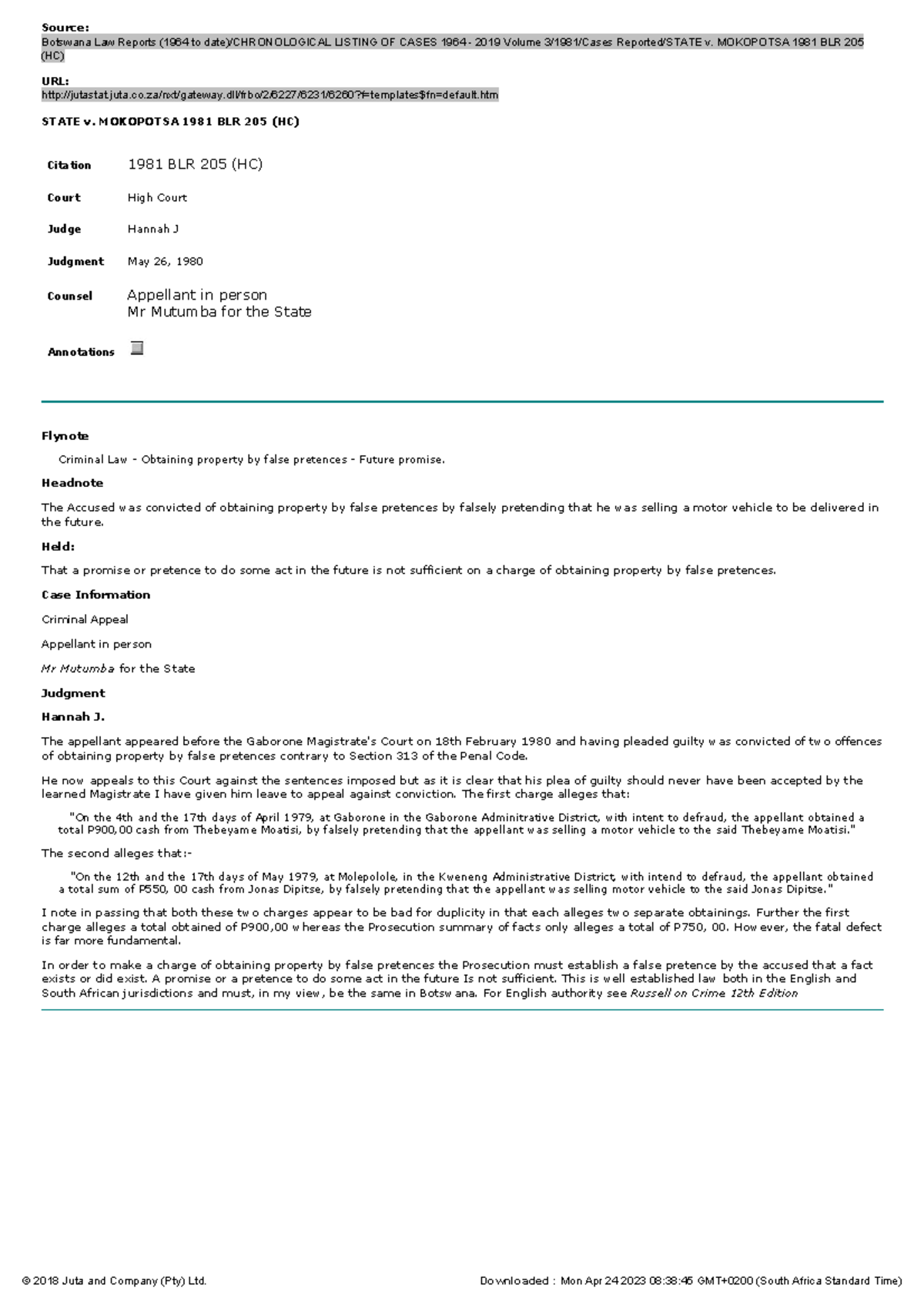 State v Mokopotsa Source Botswana Law Reports (1964 to date