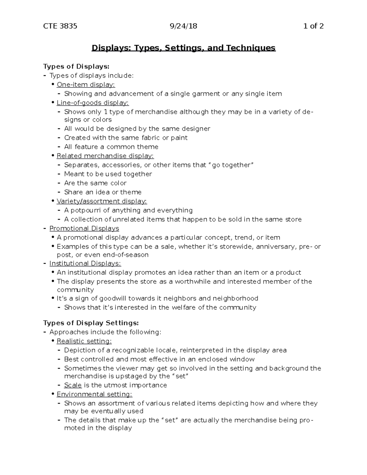 Display Lecture Notes - CTE 3835 1 of 2 Displays: Types, Settings, and ...