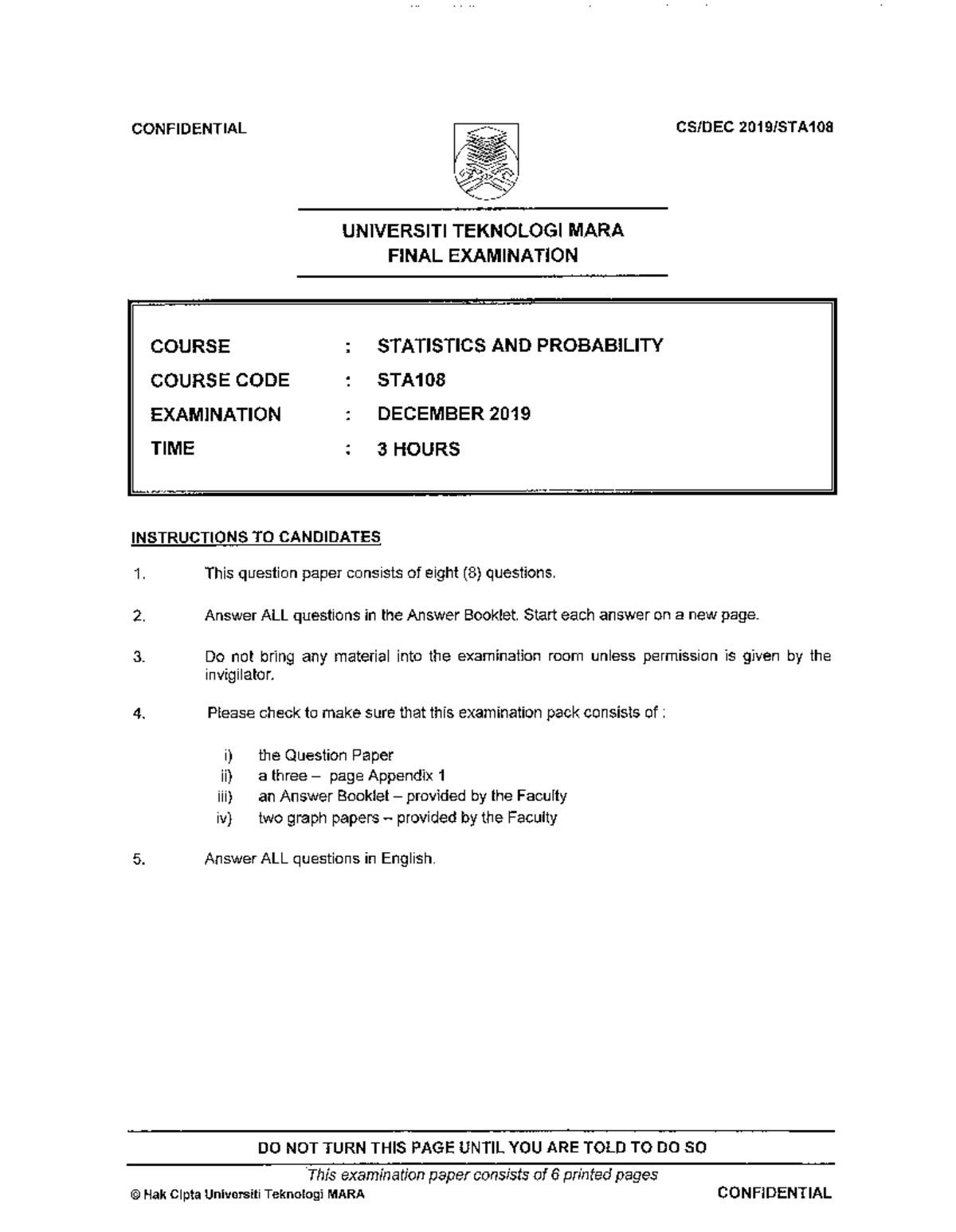 STA108 Past Year Dec 2019 - CONFIDENTIAL UNIVERSITITEKNOLOGIMARA ...