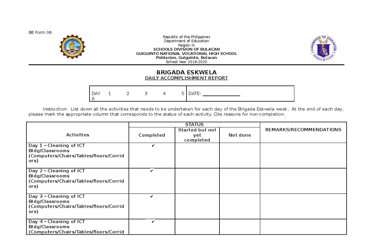 Castillo Marlon M ICT BE Form Daily Accomplishment Report - BE Form 06 ...