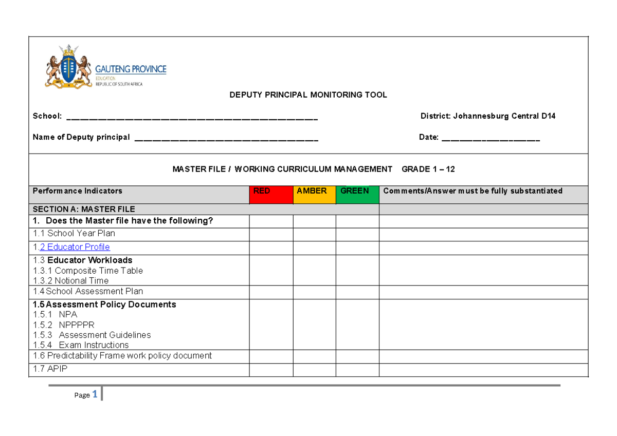 Deputy monitoring tool) - DEPUTY PRINCIPAL MONITORING TOOL School ...