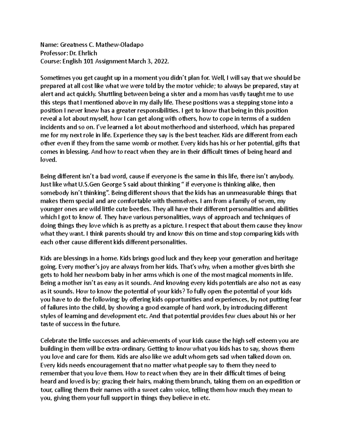 Assignment Eng-essay - English Notes - Name: Greatness C. Mathew 