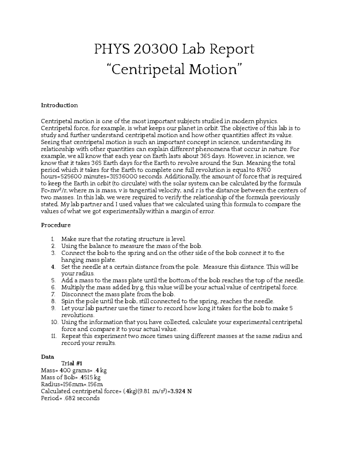 Centripetal Motion Lab Report - PHYS 20300 - CCNY - Studocu