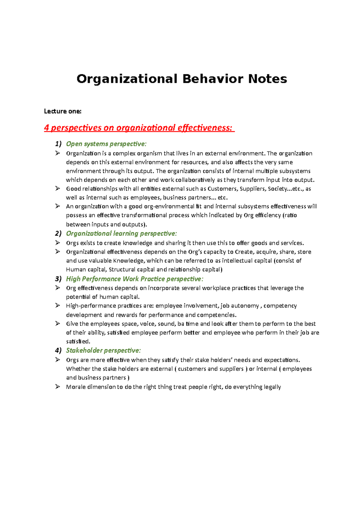 Chapters summary notes - Organizational Behavior Notes Lecture one: 4 ...