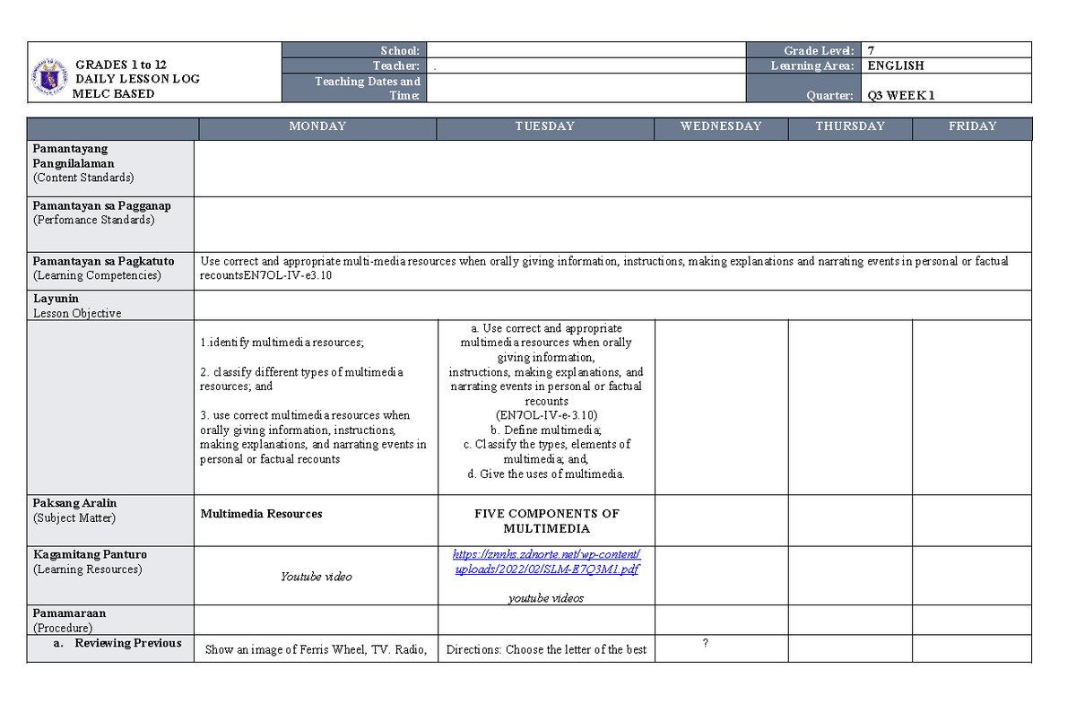 MELC DLL ENG 7 WEEK 1 Q3 DONE - GRADES 1 to 12 DAILY LESSON LOG MELC ...