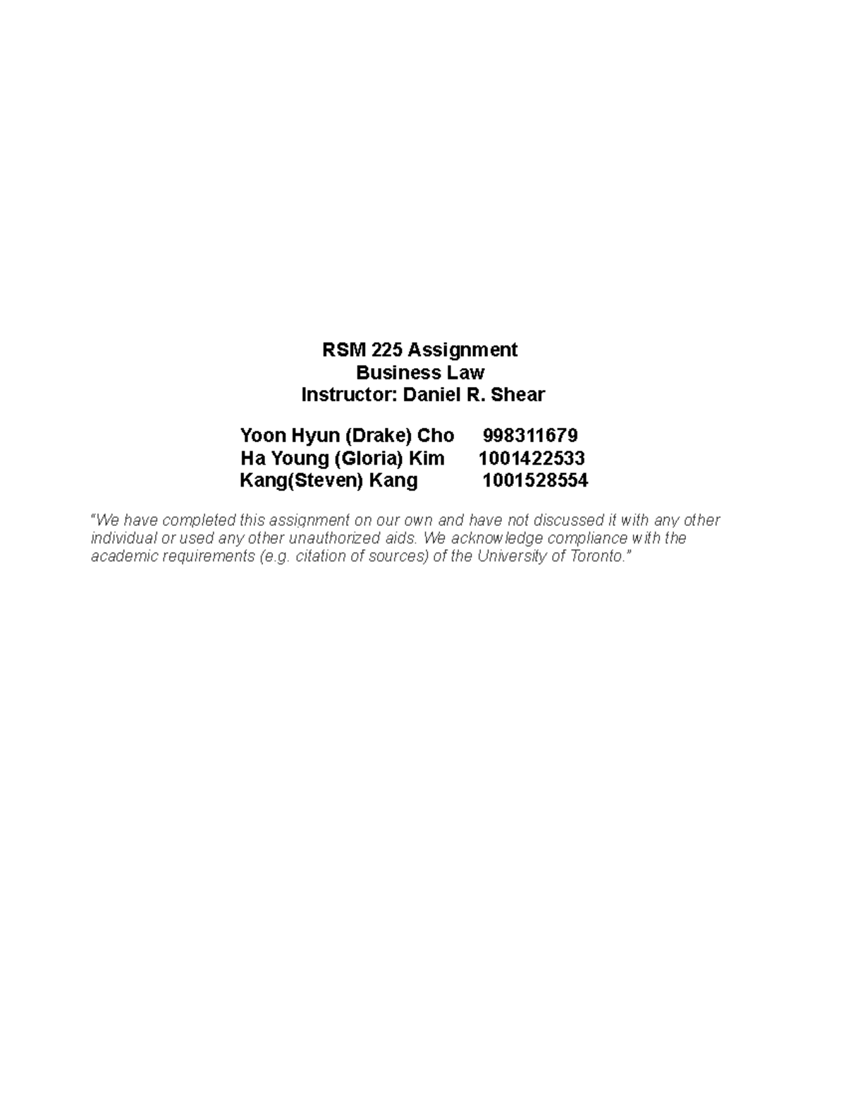 Rsm225 assignment - memorandum - RSM 225 Assignment Business Law ...