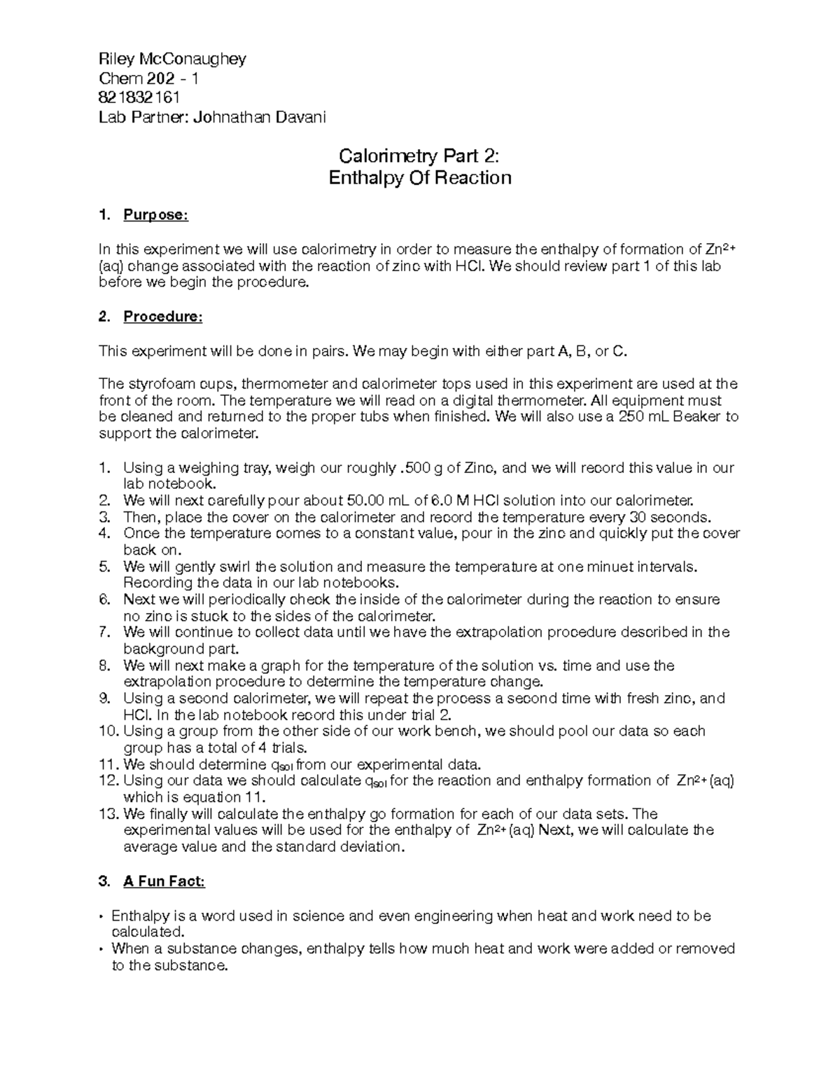 Calorimetry Part 2 prelab Riley McConaughey Chem 202 1 821832161 Lab