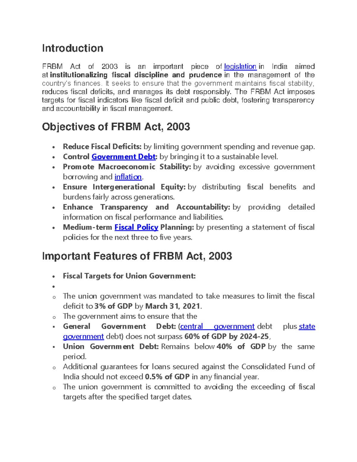 Frbm act 2003 - this is my practice material - Introduction FRBM Act of ...