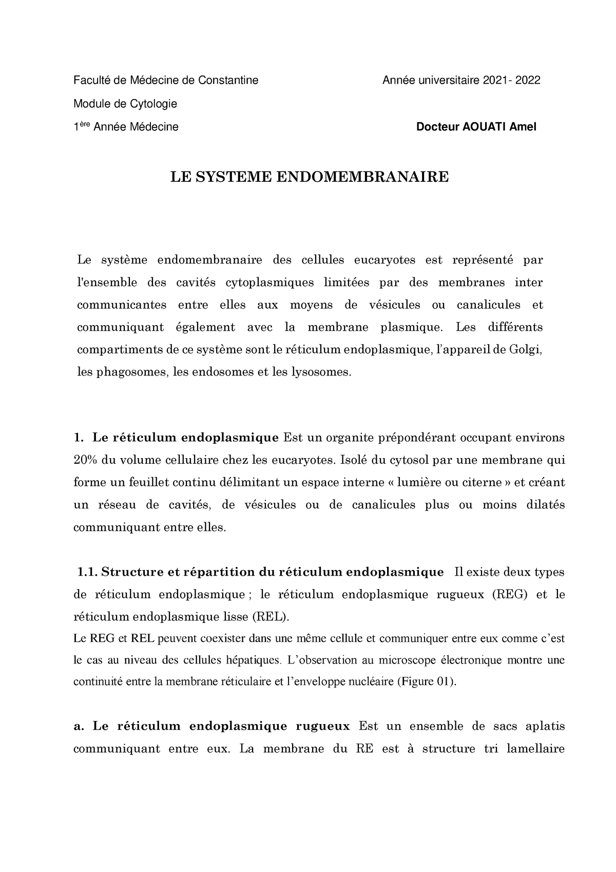 Cyto1an-systeme Endomembranaire 2022aouati - Faculté De Médecine De ...